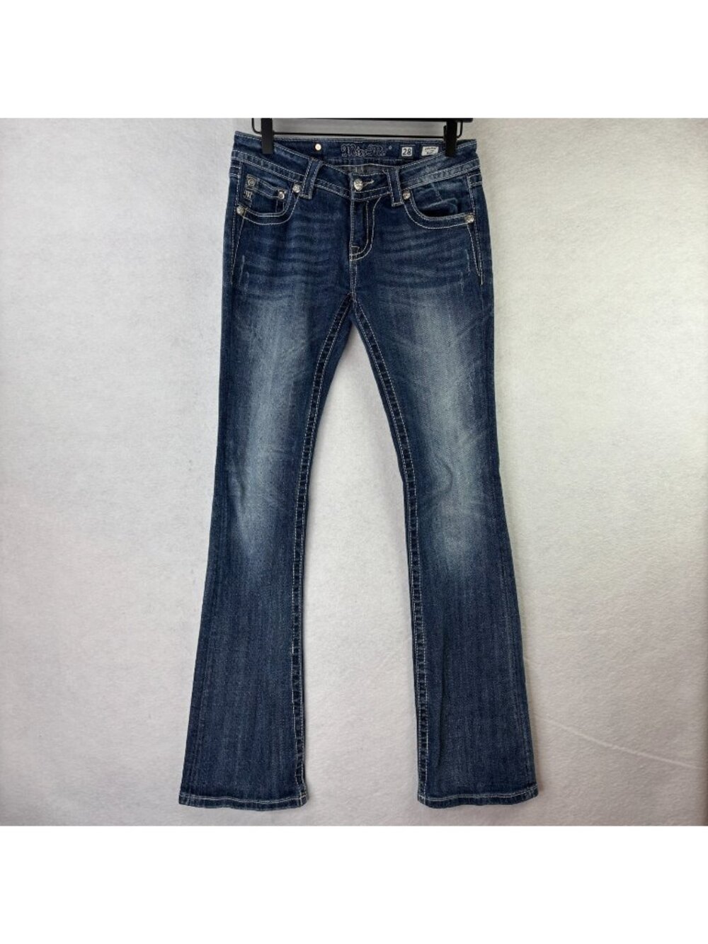 Miss Me Womens Size 28 Signature Boot Cut Jean Low Rise Embellished Pockets